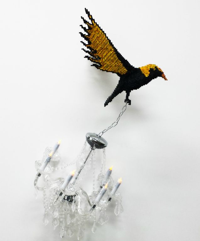 Absconder (2014) 47
x 27 x 9.5 inches. Bass wood, ink, acrylic paint, chandelier, LED
lights